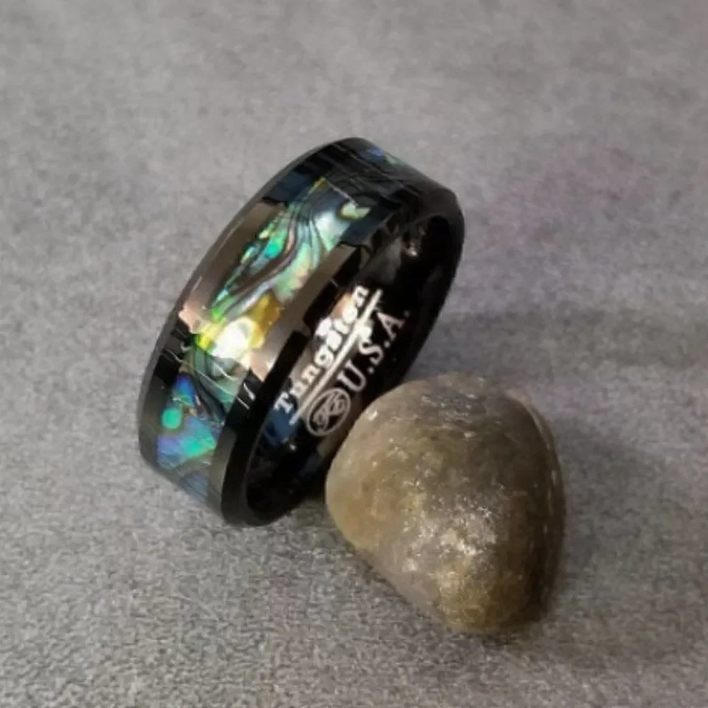 Men's Real Black Tungsten Promise Ring With Abalone Shell Inlay